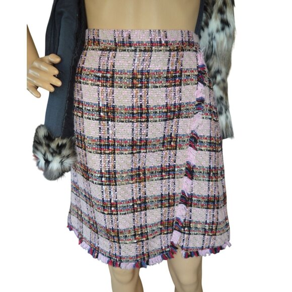 Marks & Spencer Pink Mix Tweed Skirt Size 6 Faux Kilt Tartan Plaid Check Fringe - Picture 1 of 5
